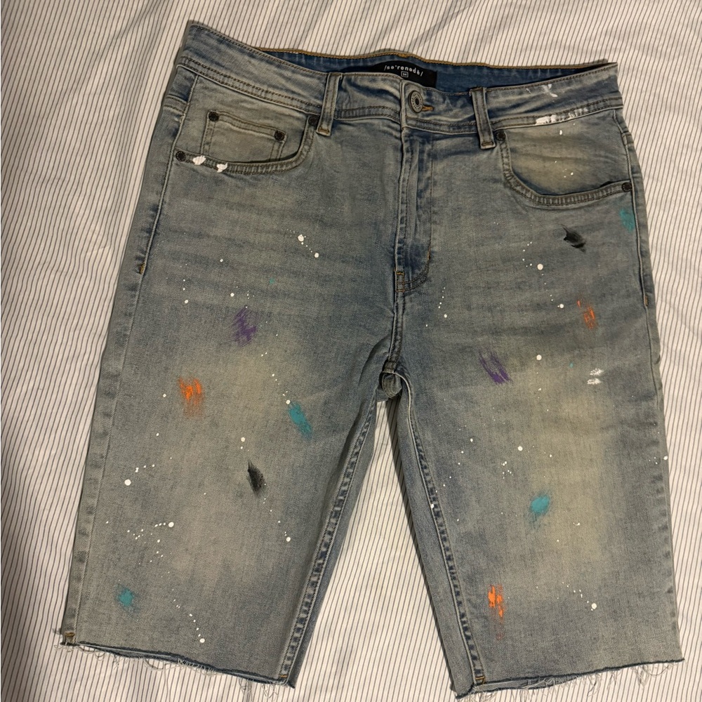 Men's Distressed Paint Splatter Denim Shorts
